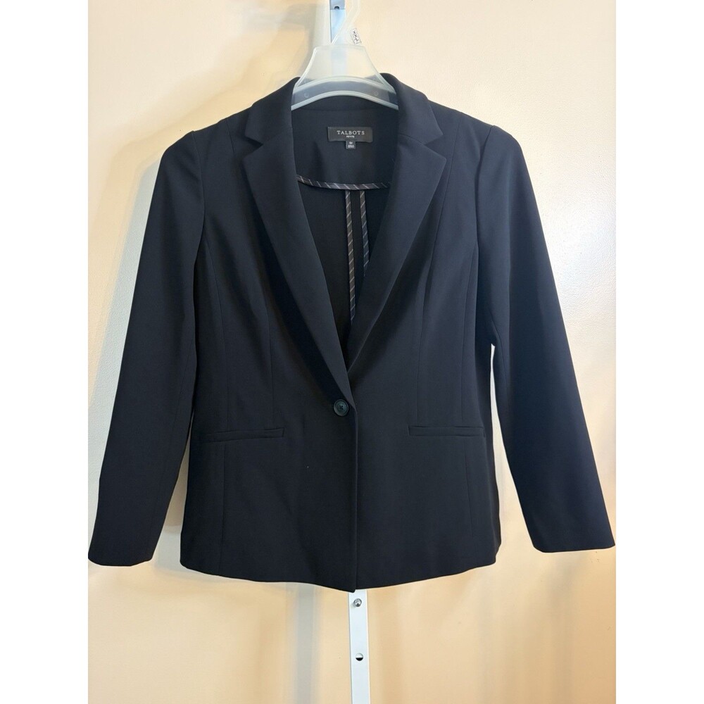 Talbots Petites Black Stretch Two Button Blazer Jacket Size 6P Classic